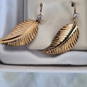 Gold Leaf Drop Earrings with CZ Accents